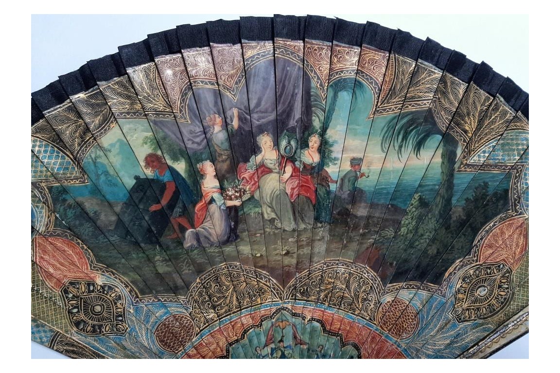 Calypso holding Ulysses in her island, fan circa 1700-20