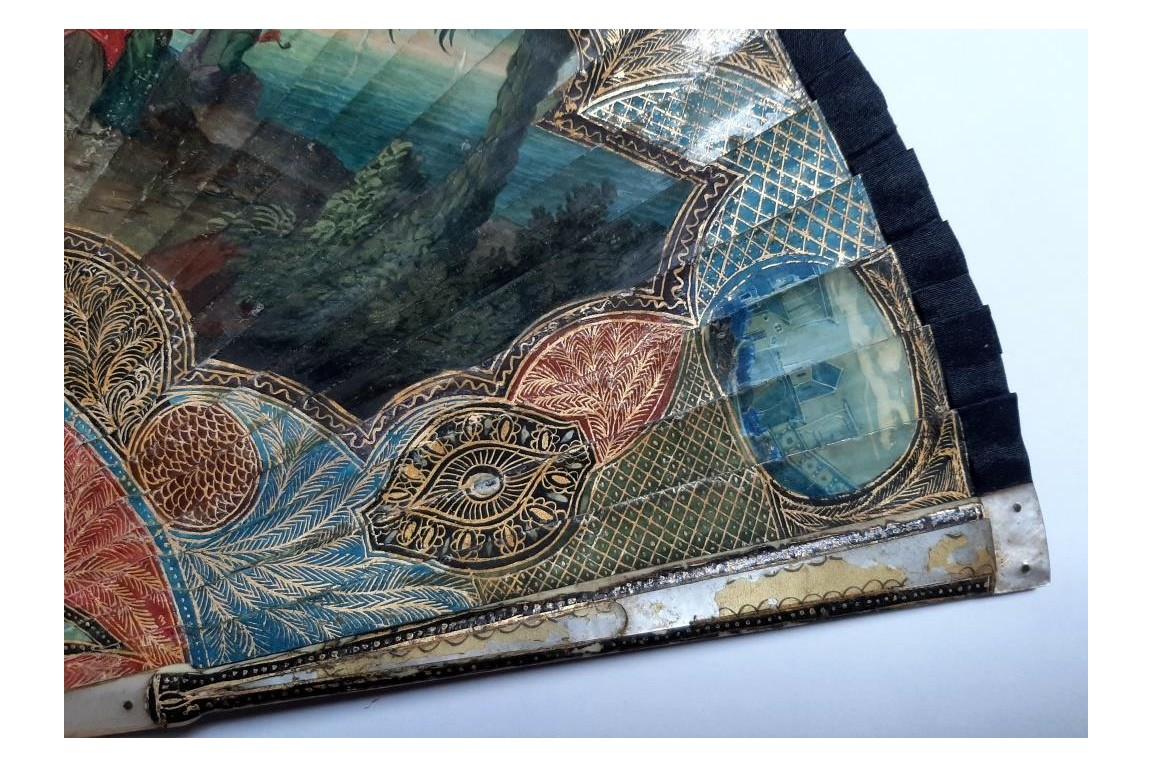 Calypso holding Ulysses in her island, fan circa 1700-20