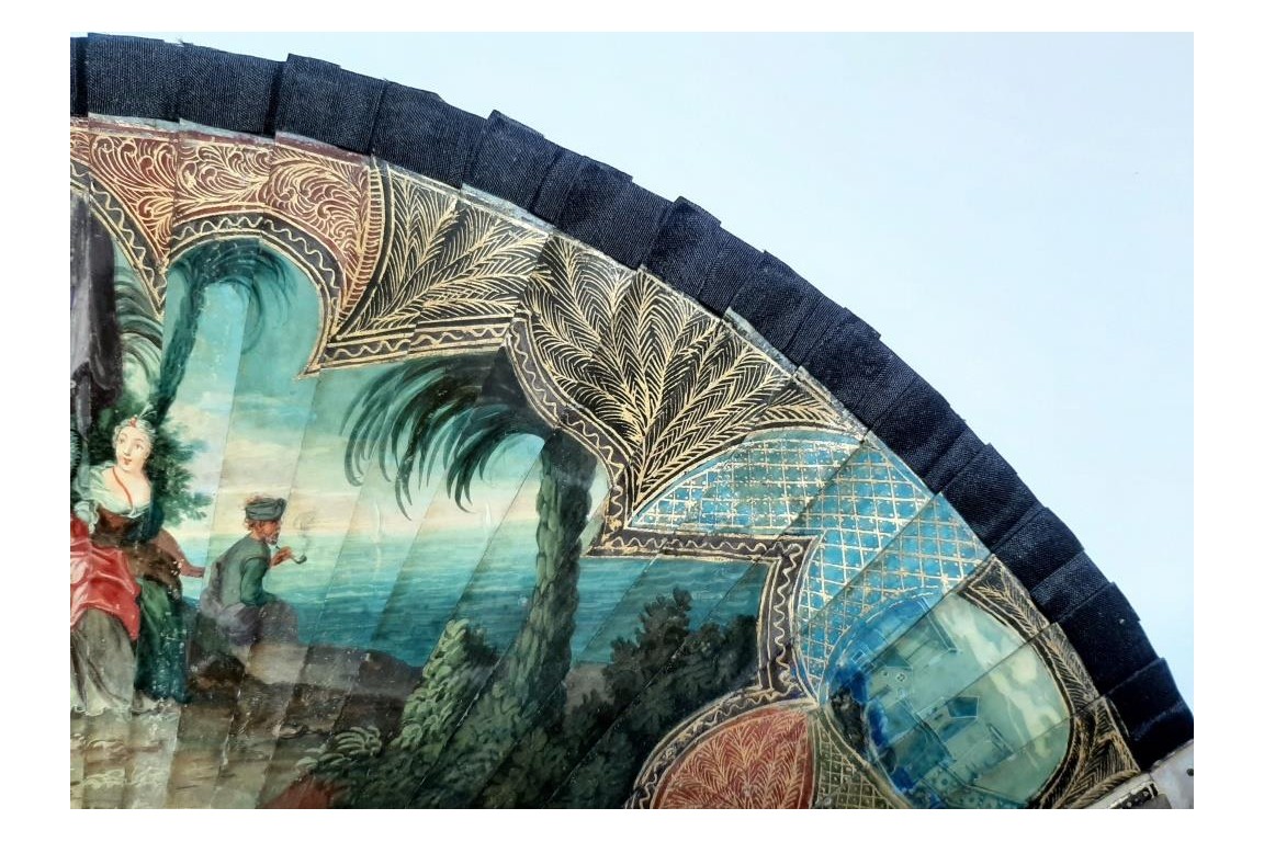 Calypso holding Ulysses in her island, fan circa 1700-20