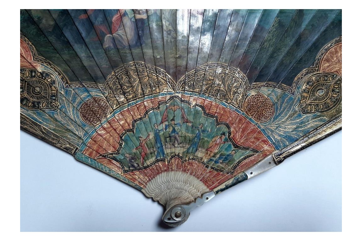 Calypso holding Ulysses in her island, fan circa 1700-20