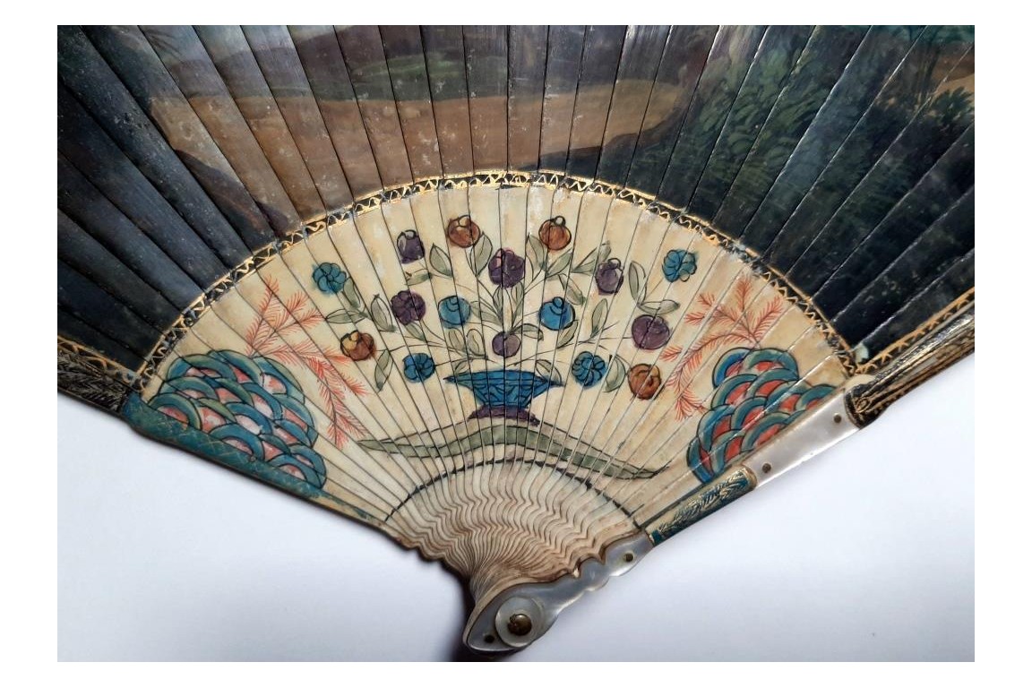 Calypso holding Ulysses in her island, fan circa 1700-20