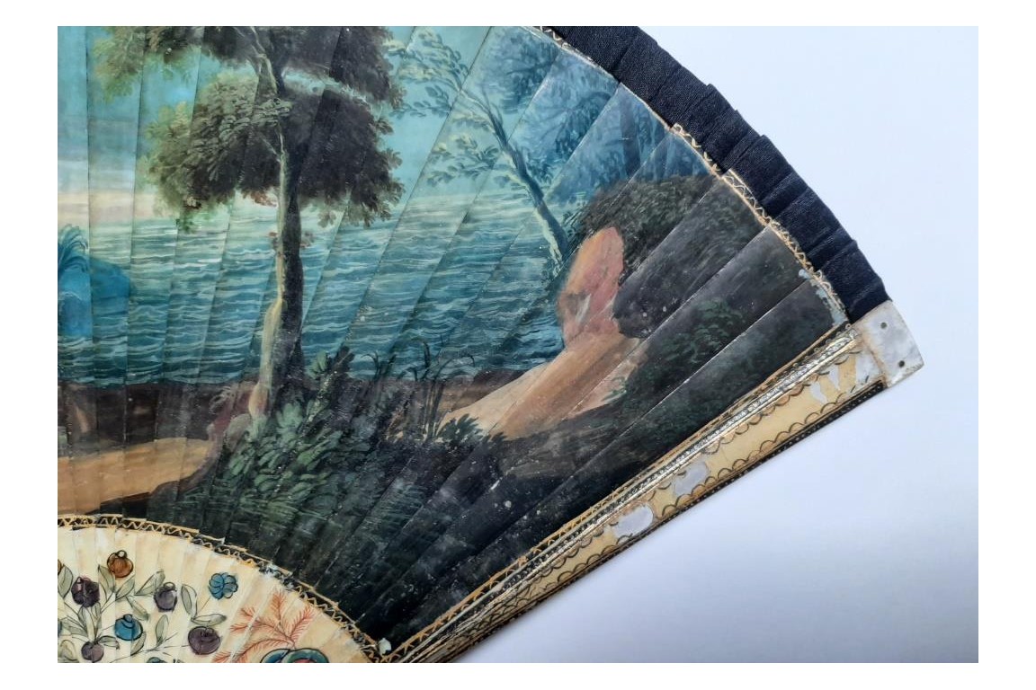 Calypso holding Ulysses in her island, fan circa 1700-20