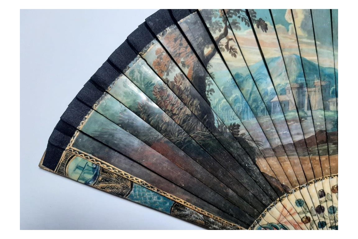 Calypso holding Ulysses in her island, fan circa 1700-20