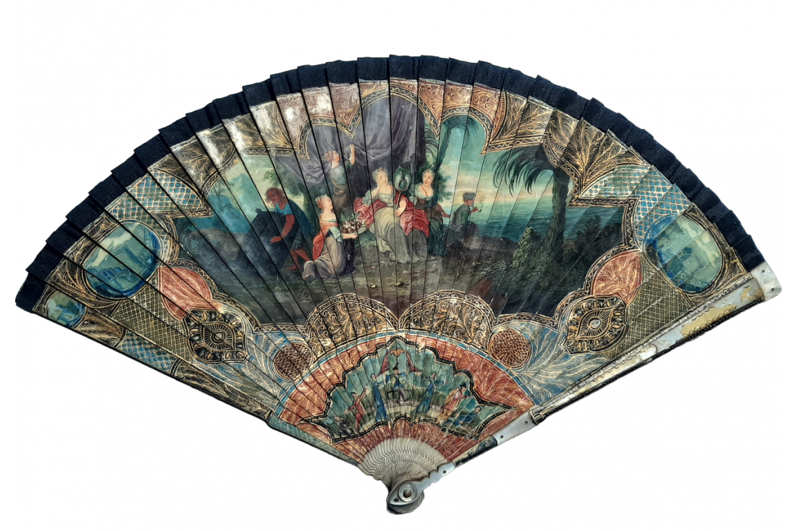 Calypso holding Ulysses in her island, fan circa 1700-20