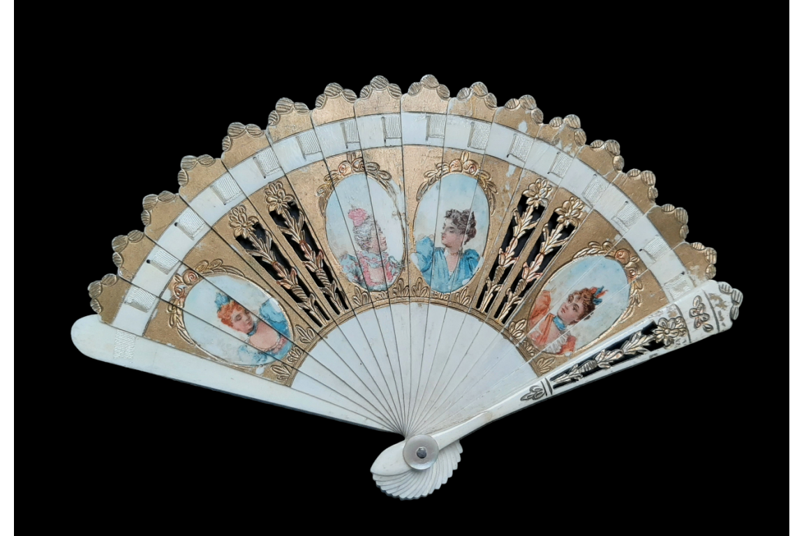 Portraits of women, doll fan, circa 1900