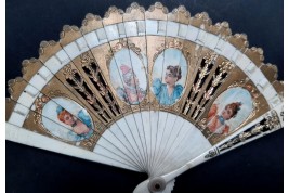 Portraits of women, doll fan, circa 1900