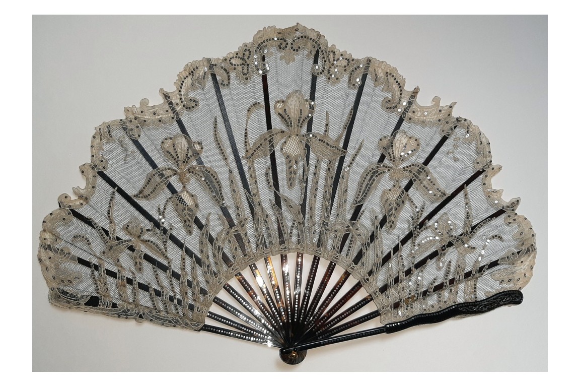 Black and white iris, Art Nouveau fan by Duvelleroy