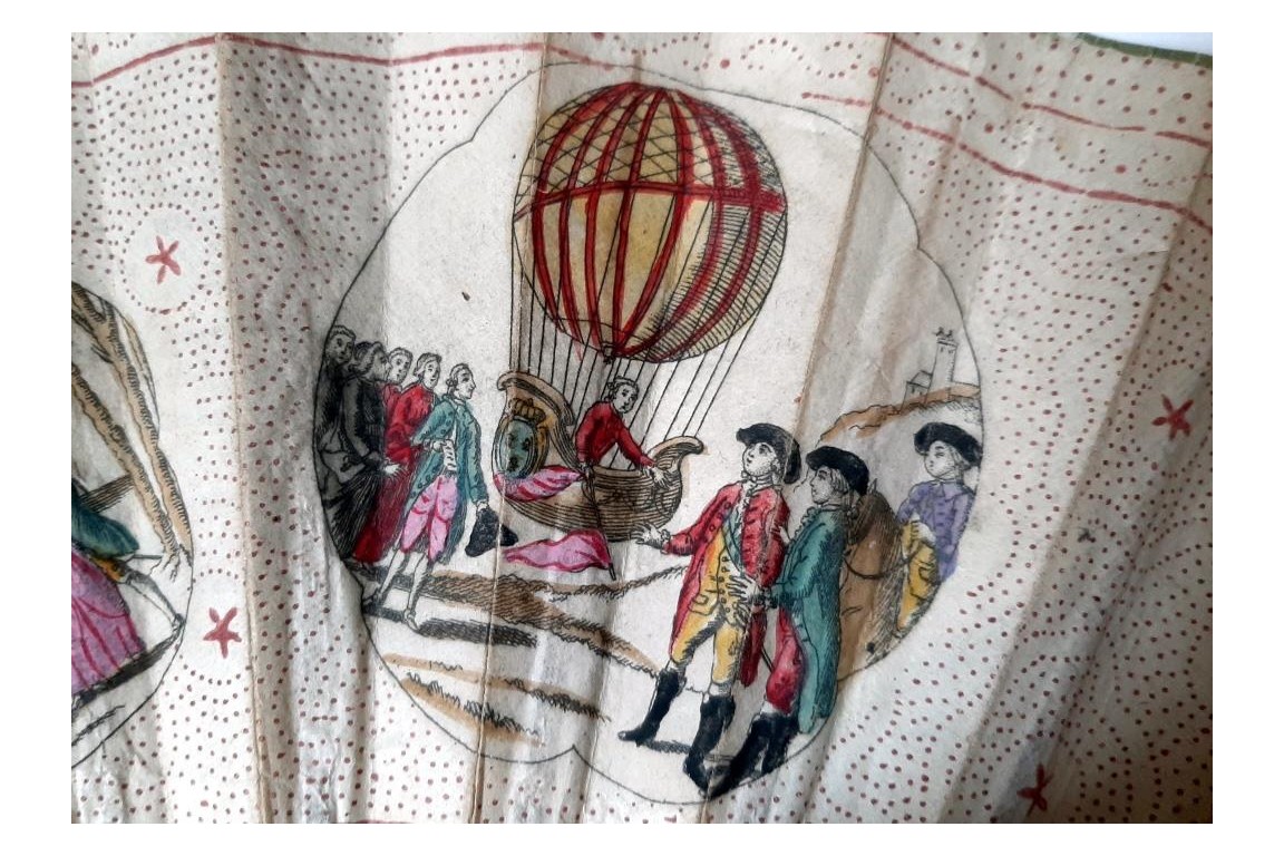 Le ballon montgolfière de Charles et Robert au jardin des Tuileries, éventail vers 1783-84