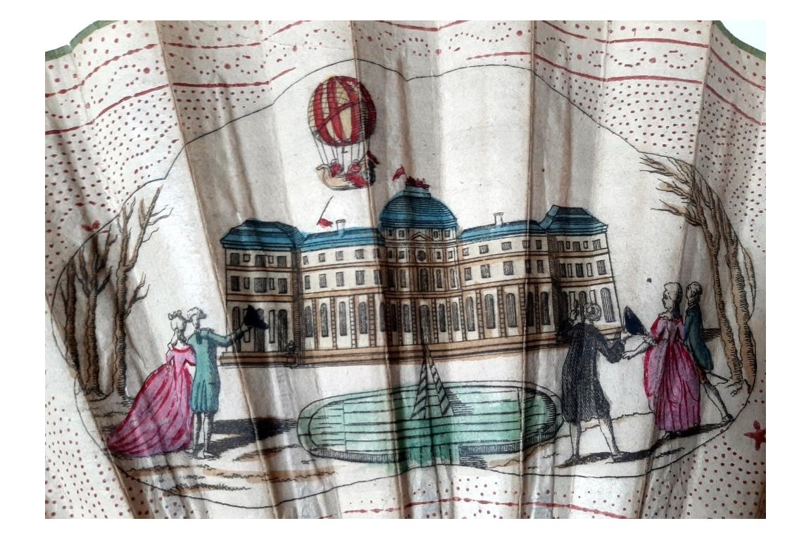 Charles and Robert's hot-air balloon in the Tuileries Garden, fan circa 1783-84