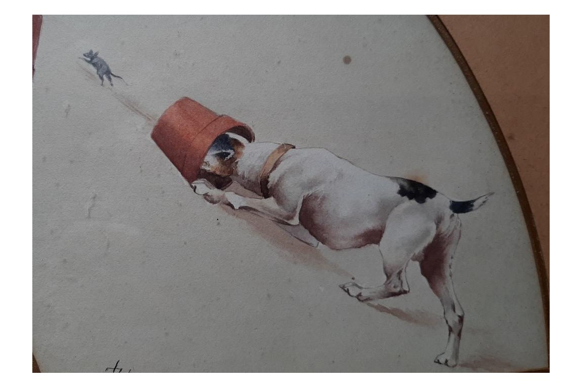 Le chien ratier, feuille d'éventail vers 1900