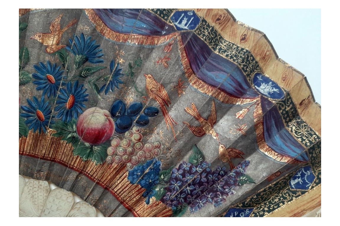Fruits, flowers and birds, fan circa 1835-40