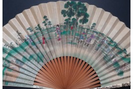 Drinking tea in the rice fields, Japan fan, circa 1870-80