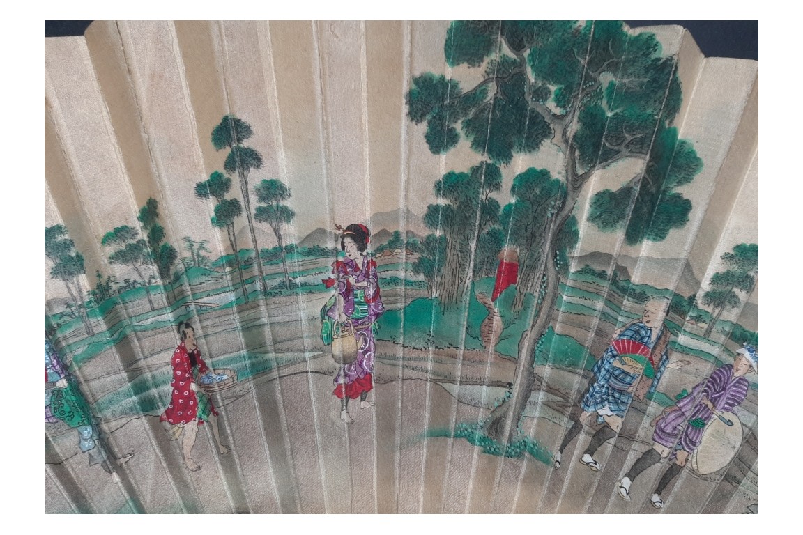 Boire le thé dans les rizières, éventail Japon vers 1870-80