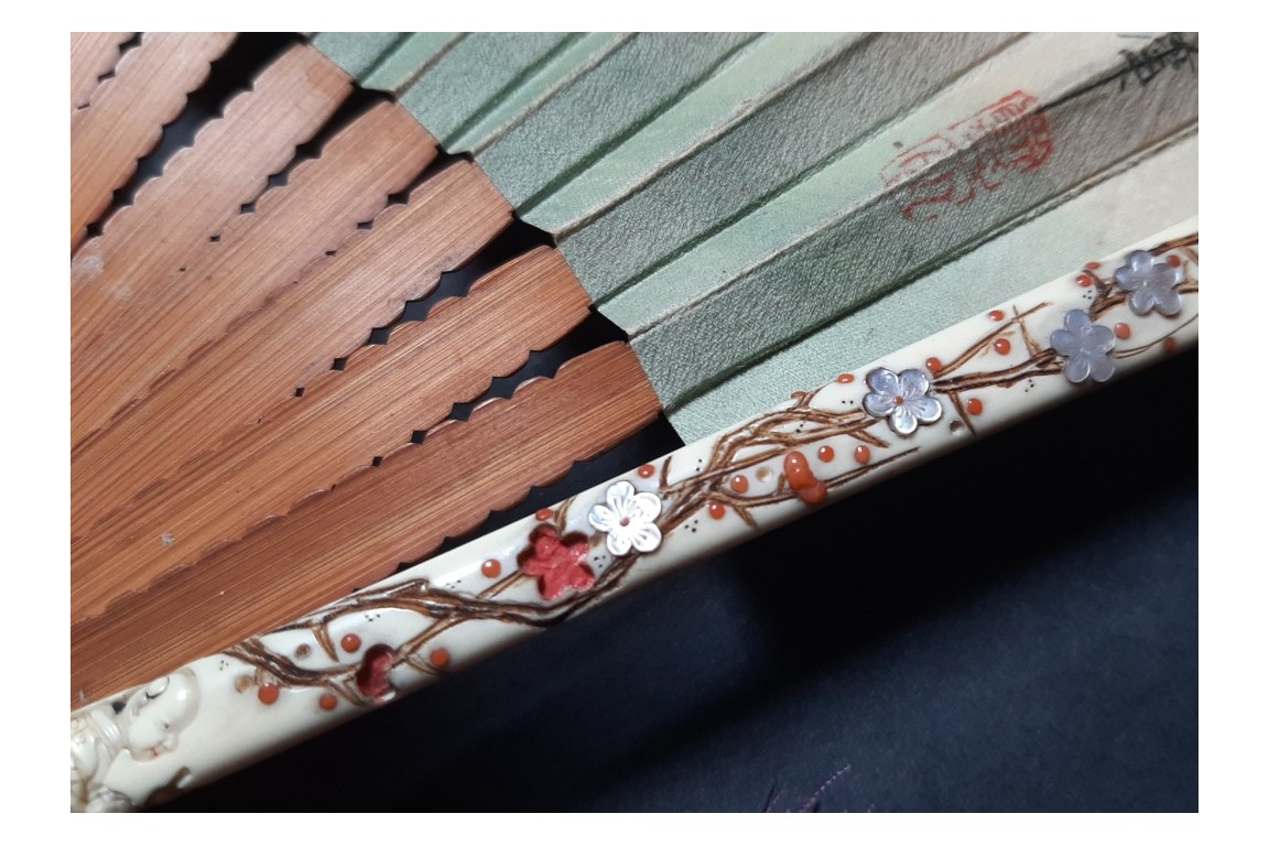 Drinking tea in the rice fields, Japan fan, circa 1870-80