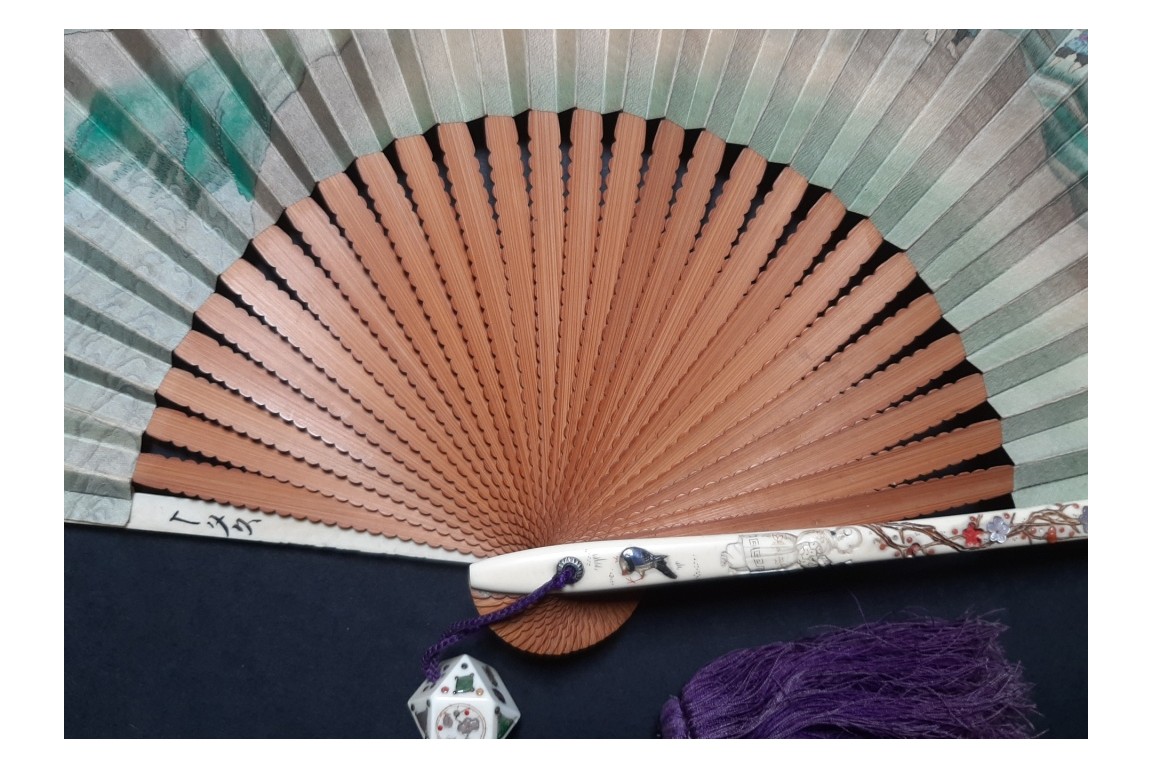 Drinking tea in the rice fields, Japan fan, circa 1870-80