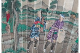 Boire le thé dans les rizières, éventail Japon vers 1870-80