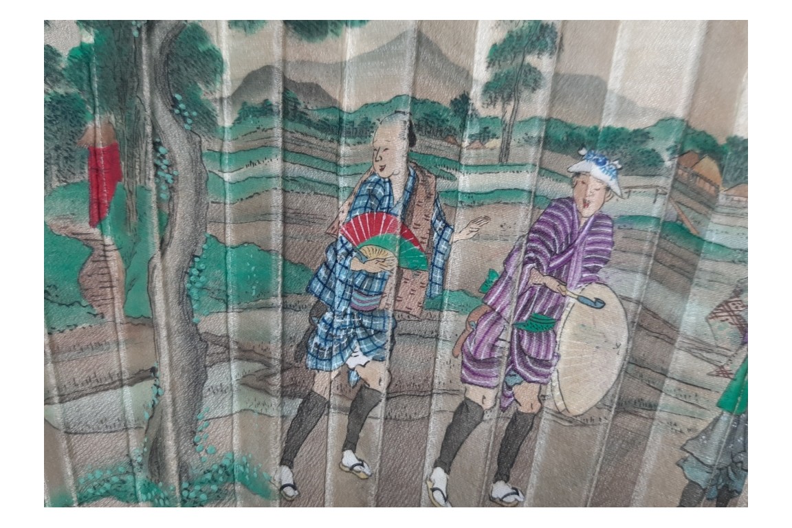 Boire le thé dans les rizières, éventail Japon vers 1870-80