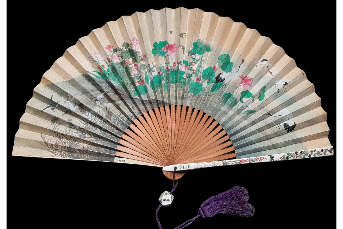 Drinking tea in the rice fields, Japan fan, circa 1870-80