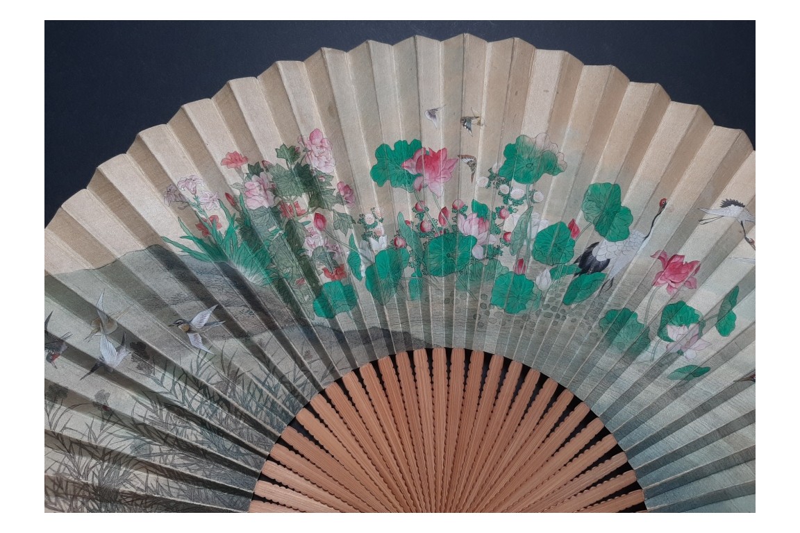 Drinking tea in the rice fields, Japan fan, circa 1870-80