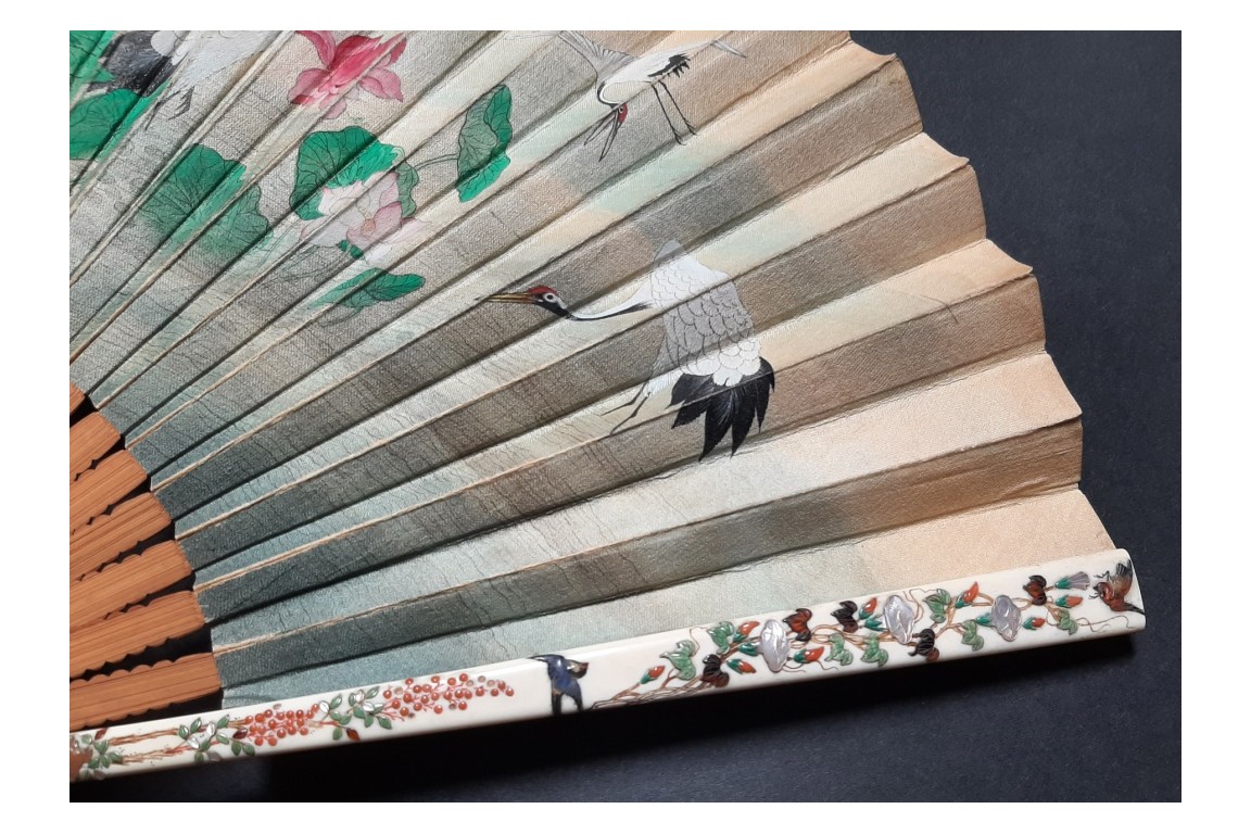 Drinking tea in the rice fields, Japan fan, circa 1870-80