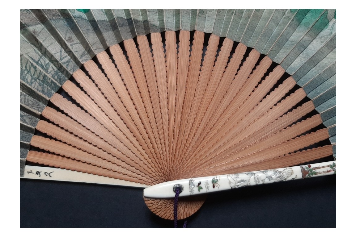 Drinking tea in the rice fields, Japan fan, circa 1870-80