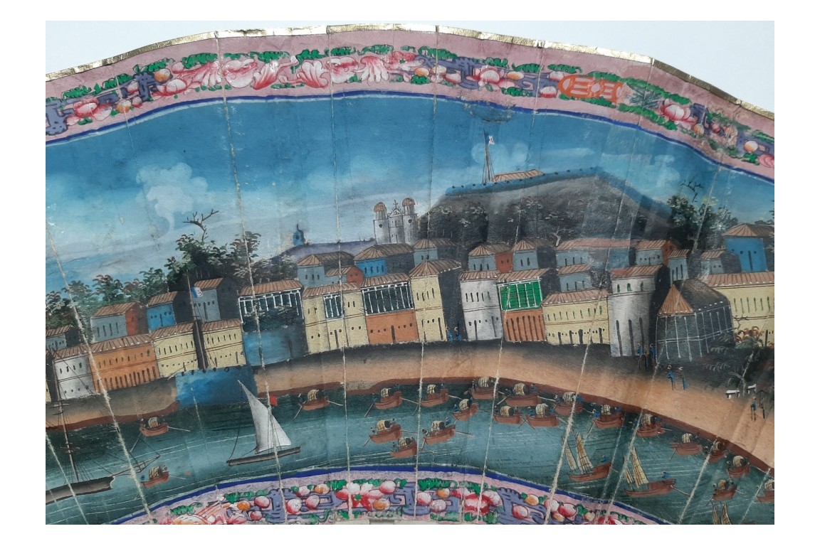 Le commerce au port de Macau, éventail chinois vers 1850