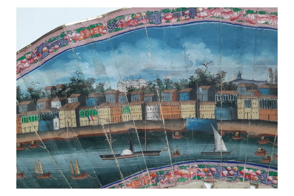 Le commerce au port de Macau, éventail chinois vers 1850
