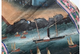 Le commerce au port de Macau, éventail chinois vers 1850