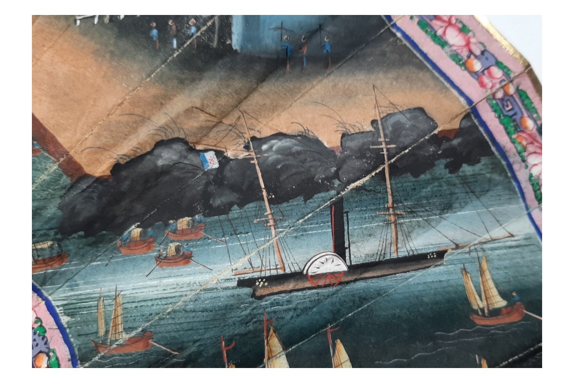 Le commerce au port de Macau, éventail chinois vers 1850