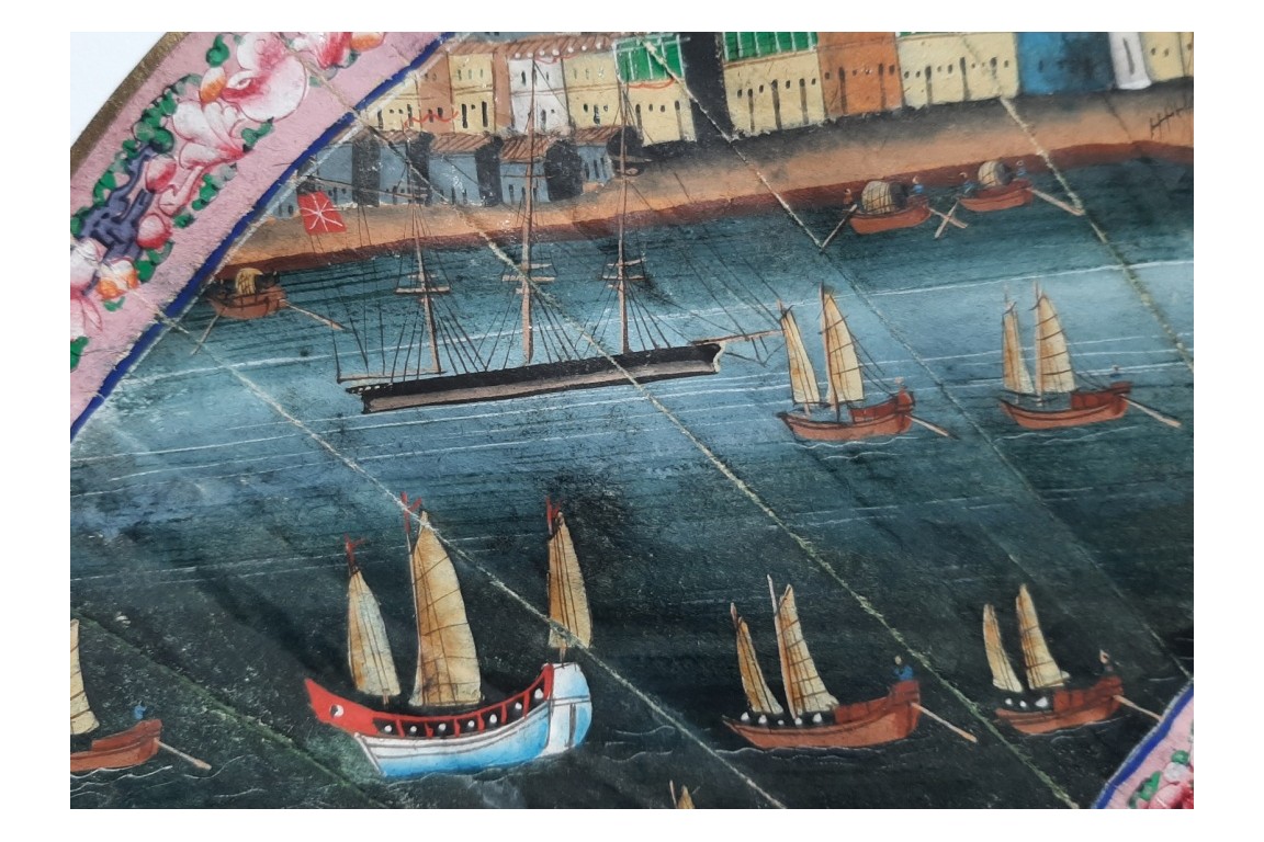 Le commerce au port de Macau, éventail chinois vers 1850