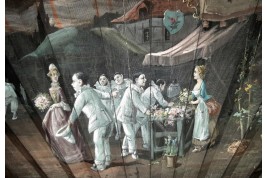 Les pierrots au marché aux fleurs, éventail de Van Garden et Duvelleroy vers 1910-1920