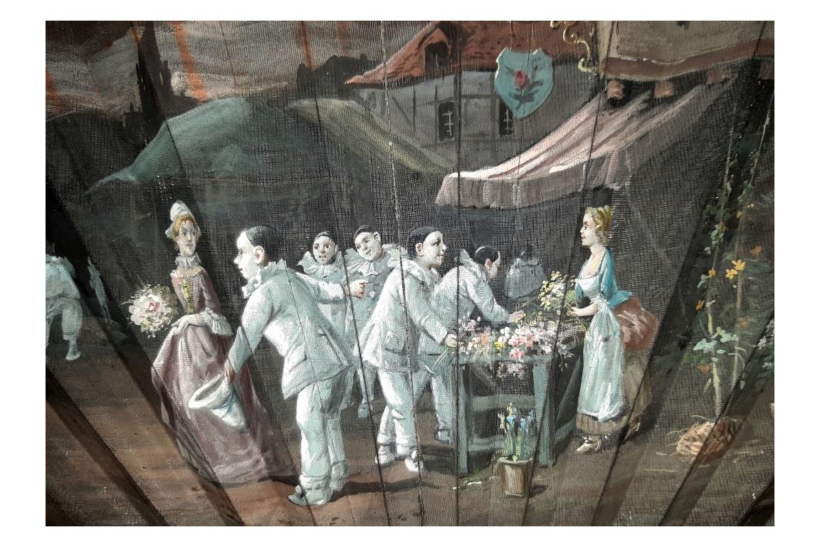 Les pierrots au marché aux fleurs, éventail de Van Garden et Duvelleroy vers 1910-1920