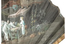 Les pierrots au marché aux fleurs, éventail de Van Garden et Duvelleroy vers 1910-1920