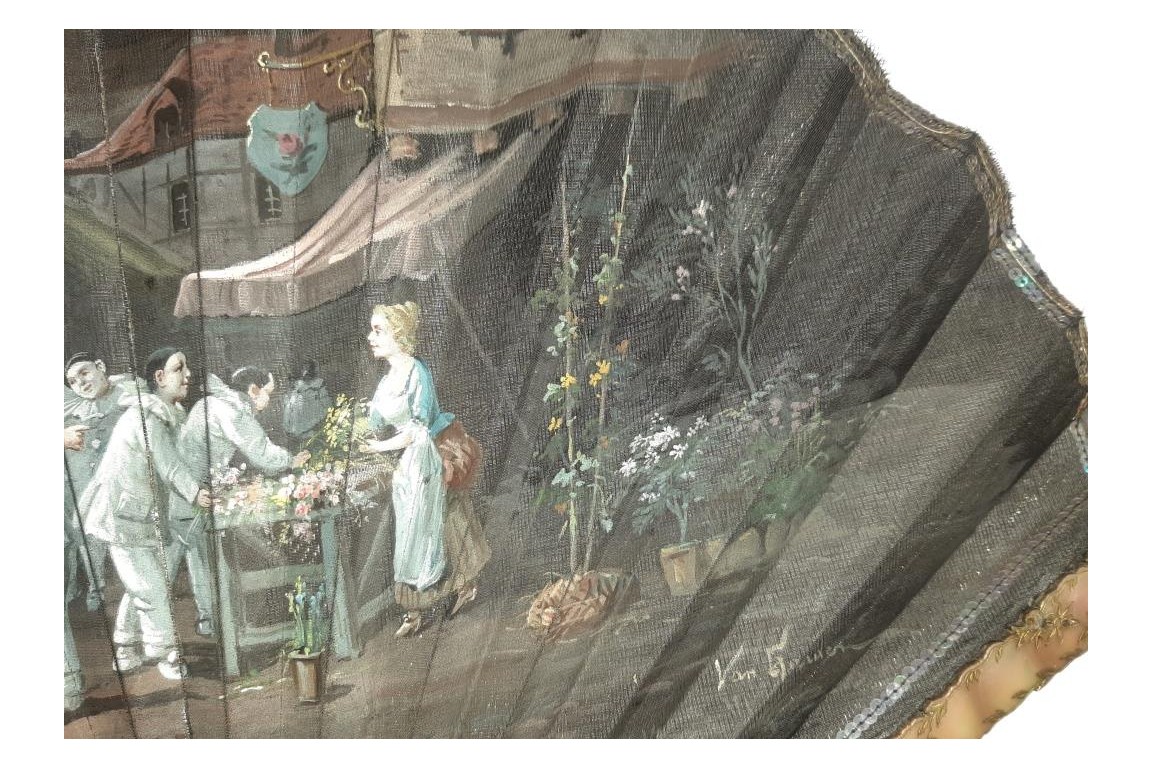 Les pierrots au marché aux fleurs, éventail de Van Garden et Duvelleroy vers 1910-1920