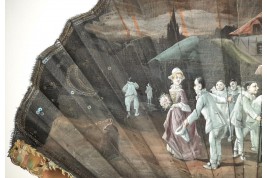 Les pierrots au marché aux fleurs, éventail de Van Garden et Duvelleroy vers 1910-1920