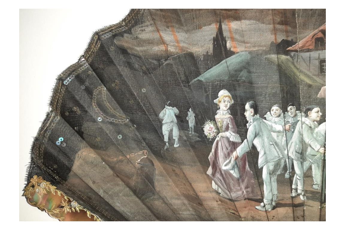 Les pierrots au marché aux fleurs, éventail de Van Garden et Duvelleroy vers 1910-1920
