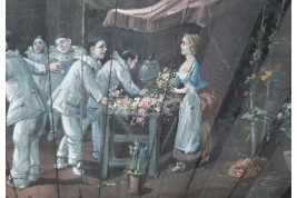 Les pierrots au marché aux fleurs, éventail de Van Garden et Duvelleroy vers 1910-1920