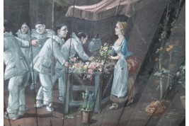 Pierrots at the flower market , fan by Van Garden and Duvelleroy circa 1910-1920
