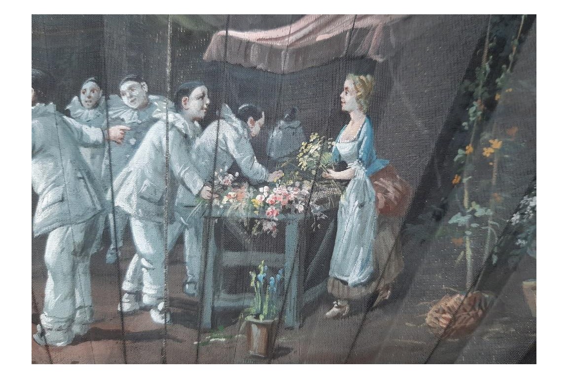 Les pierrots au marché aux fleurs, éventail de Van Garden et Duvelleroy vers 1910-1920