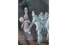 Les pierrots au marché aux fleurs, éventail de Van Garden et Duvelleroy vers 1910-1920