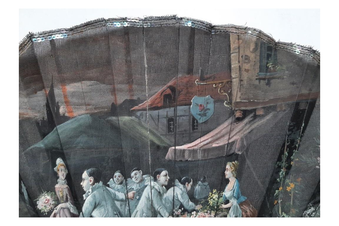 Les pierrots au marché aux fleurs, éventail de Van Garden et Duvelleroy vers 1910-1920