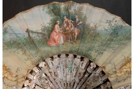 The game of trictrac  and the hot-air balloon of love, fan circa 1860-80