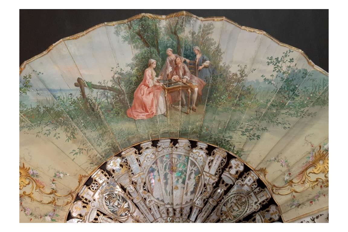 The game of trictrac  and the hot-air balloon of love, fan circa 1860-80