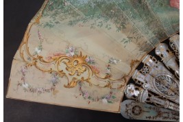 The game of trictrac  and the hot-air balloon of love, fan circa 1860-80