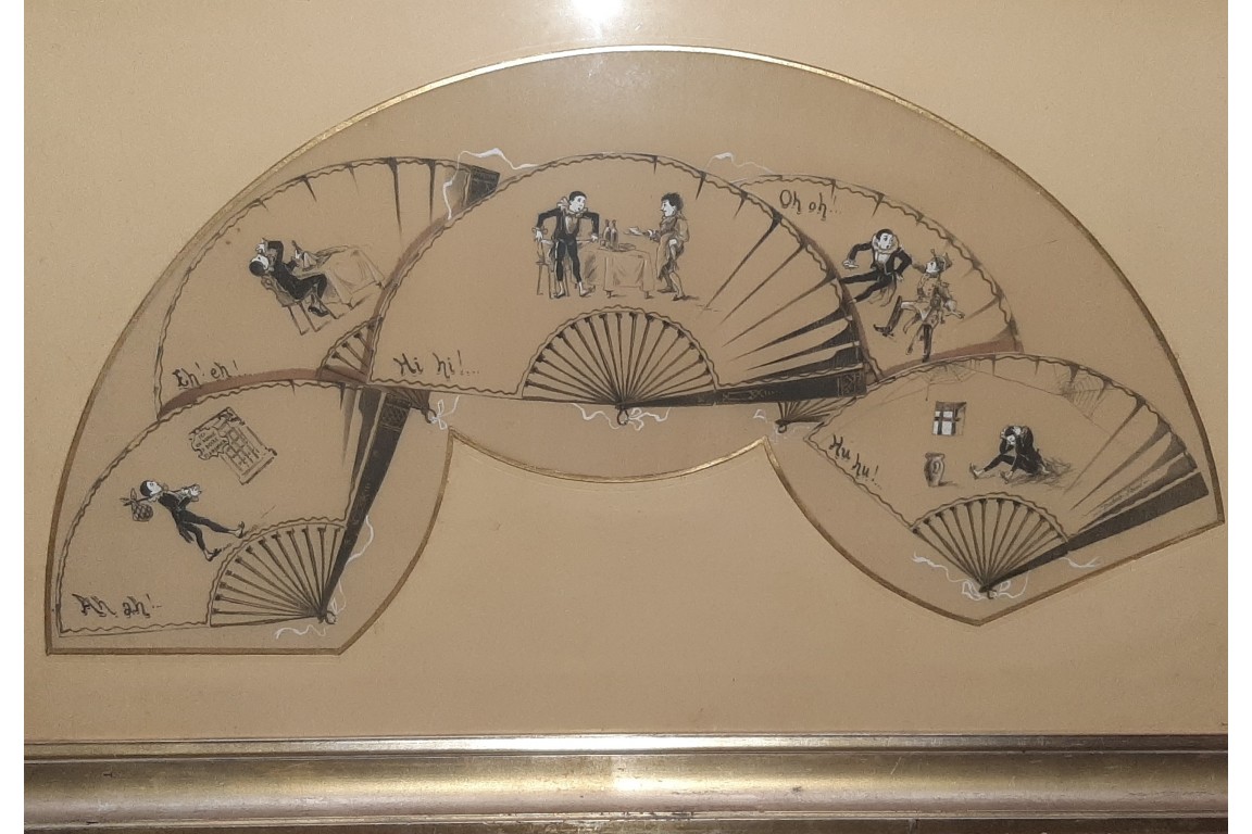 Sketch: Pierrot from laughter to tears. Fan leaf by Dubois-Souci, circa 1880