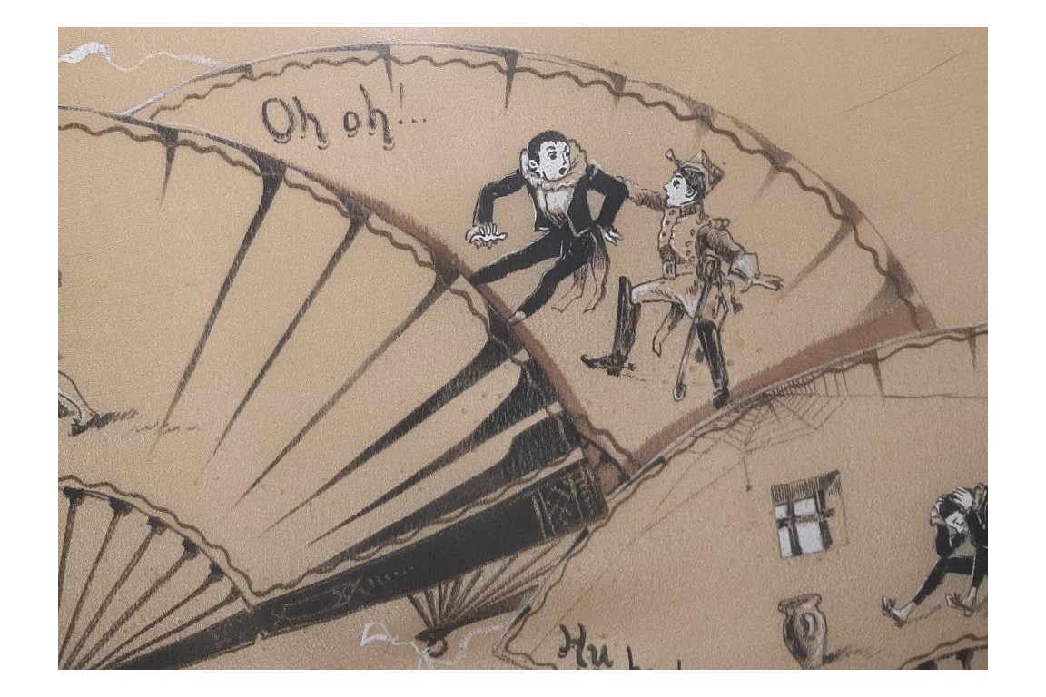 Sketch: Pierrot from laughter to tears. Fan leaf by Dubois-Souci, circa 1880