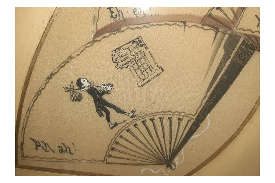 Sketch: Pierrot from laughter to tears. Fan leaf by Dubois-Souci, circa 1880