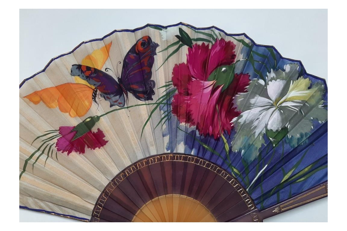 Oeillets et papillons, éventail art déco vers 1920-30