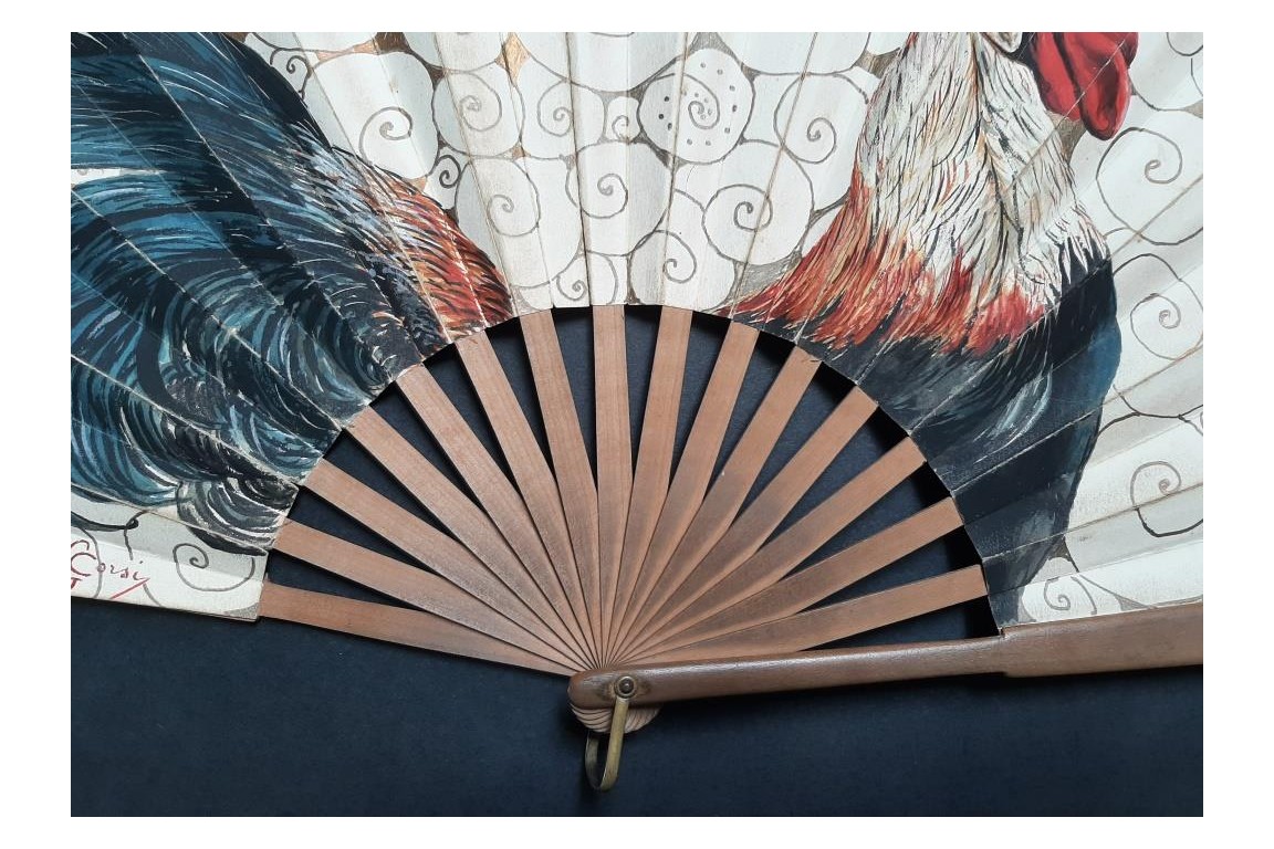 Le coq de Corsi, éventail début XXème siècle