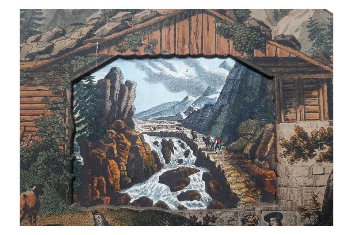 Swiss chalet, panoramic screen, circa 1830-40